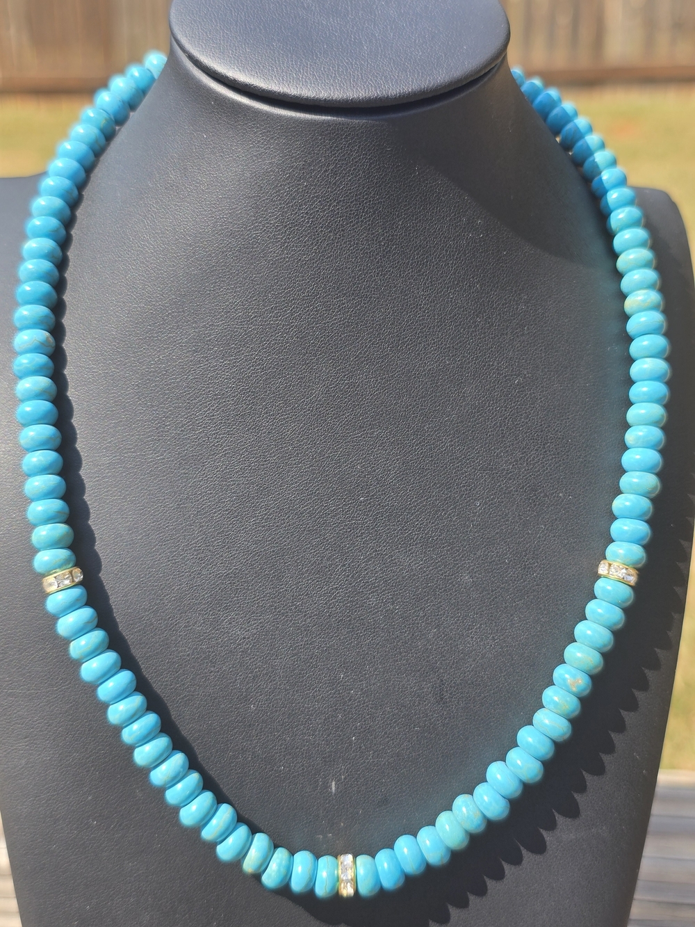Estate Natural Turquoise Stone Rondelle Gold Pave Crystal Statement Necklace